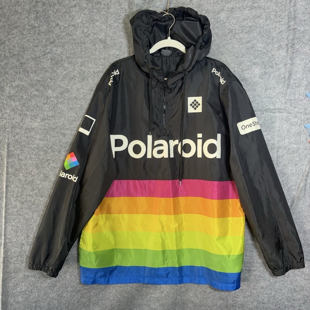 Polaroid Hoodie Windbreaker Pullover Mens 2XL Black 1/4 Zip Rainbow Logo